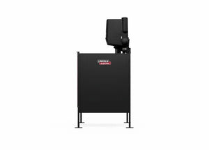 The Lincoln Single Weld Booth Fume Extraction One-Pak 5x5 ft. (K5563-1) is a black industrial welding machine with a fume extraction unit on the top right and the Lincoln Electric logo on the front, standing on four legs against a white background.