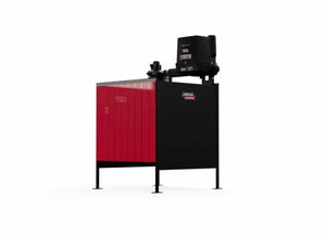 A large, industrial welding machine with red grooves on the left and solid black on the right stands on four legs. Its “LINCOLN ELECTRIC” labeled control unit makes it ideal for the Lincoln Single Weld Booth Fume Extraction One-Pak 6x6 ft. K5563-3.