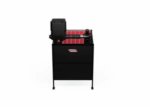The Lincoln Single Weld Booth Fume Extraction One-Pak 6x6 ft. (K5563-3) is a black unit with a red top panel, upright on two legs, featuring a cylindrical component and piping for weld fume removal, shown centered against a white background.