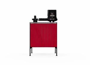 The Lincoln Single Weld Booth Fume Extraction One-Pak 6x6 ft. (K5563-3) features a red rectangular unit on four black legs, topped with a motorized control box and pipe for efficient industrial weld fume removal.