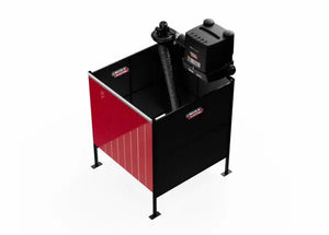 The Lincoln Single Weld Booth Fume Extraction One-Pak 6x6 ft. (K5563-3) is a rectangular black and red unit with an open top, vertical legs, a mounted motor, coiled hose inside, and brand logo on white side panels.