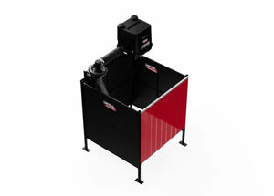 The Lincoln Single Weld Booth Fume Extraction One-Pak 6x6 ft. (K5563-3) features three black and red partition panels, an overhead fume extraction unit with vent hose, metal legs, one open side, and visible Lincoln Electric branding.