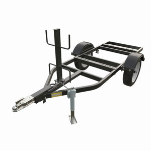 A black two-wheel trailer frame with metal fenders, a front hitch, and support stand—built for heavy-duty road use, customizable transport, or as a welder trailer for versatile hauling needs.