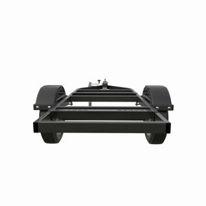 Front view of a black two-wheel trailer frame with fenders, built for heavy-duty road use. Shown empty on a white background, this utility welder trailer is ideal for hauling or attaching additional structures.
