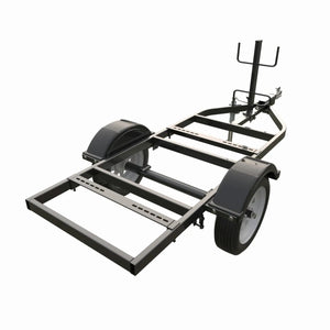 A heavy-duty two-wheel trailer frame with black fenders over large wheels, a front support stand, and an open rectangular structure—ideal for mounting cargo, equipment, or use as a welder trailer for tough road jobs.