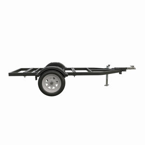 A black, single-axle welder trailer frame with one wheel on each side, a metal support leg at the front, and an open rectangular structure, built for heavy-duty road use and shown on a white background.