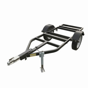 A heavy-duty two-wheel trailer frame with fenders and a towing hitch, ideal for welder trailer setups. Shown on a white background, the black metal utility frame features an open rectangular design and a front support stand.