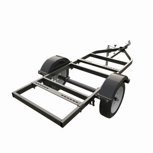 A black metal two-wheel trailer frame with large fenders and a triangular front hitch, designed for heavy-duty road use, isolated on a white background.