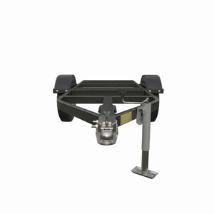 Front view of a black metal two-wheel trailer chassis with a hitch for towing and a single support jack extended to the ground. Built for heavy-duty road use, the empty frame displays no cargo or platform.