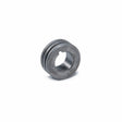 A small, round, metallic ring resembling a component from the Lincoln KP1881-1 solid wire drive roll kit, with a central hole and two parallel grooves on its outer edge, placed on a white background.