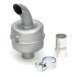 A silver exhaust muffler with a curved outlet pipe, metal clamp, and cylindrical adapter—components of the Lincoln Spark Arrestor Kit—helping reduce spark emissions from engine-driven welders. All are displayed on a white background.
