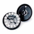Two black circular Lincoln Spindle Adapter for 14 lb. Coils K435 reels are shown; one holds a coiled strip in clear guides, while the other is upside down revealing its inner structure. Both feature a central hole and multiple supporting spokes.