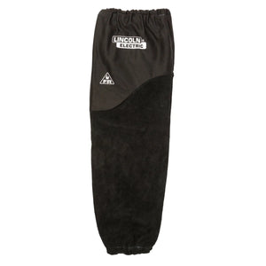 A black Lincoln Electric welding sleeve with an elastic cuff and white logo, made of durable, flame retardant fabric and split leather for reliable arm protection. Perfect for those seeking high-quality welding sleeves.