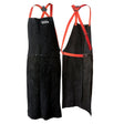Two black split leather welding aprons with red adjustable harness cross-back straps are displayed; one shown from the front and one from the back. Both aprons feature a brand label on the chest.
