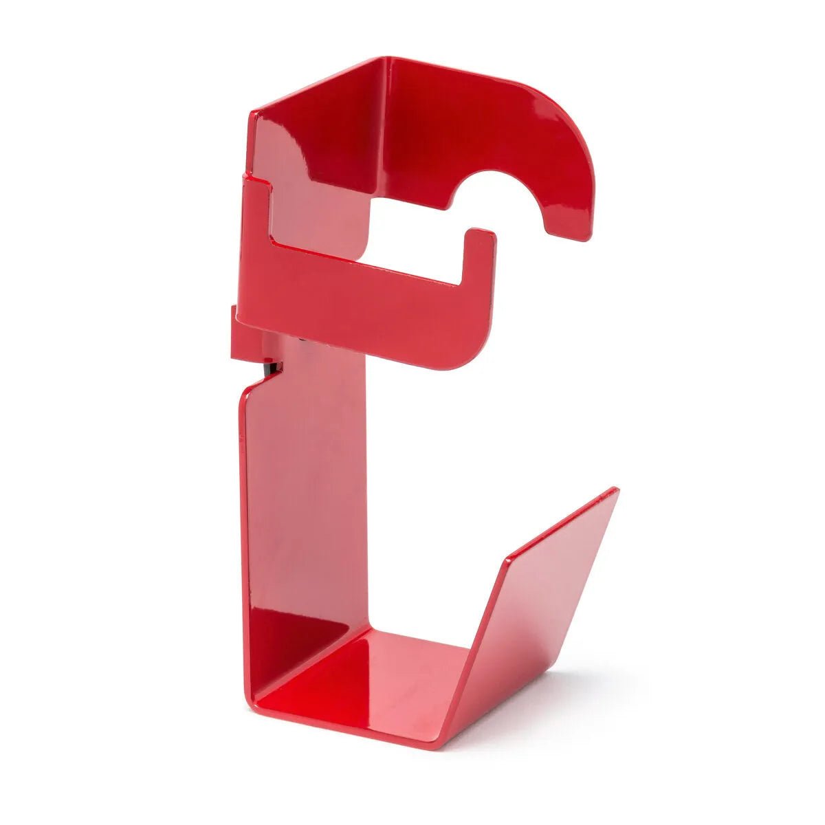 The Lincoln Spool Gun Holder K3667-1 is a red metal hook with an angular geometric design, wide flat base for stability, vertical section with curved cutout on top, and a small arm for supporting spool guns.