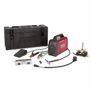 Lincoln Sprinter 180Si TIG One-Pak welding kit with cables, case, foot pedal, accessory kit & gas regulator on white background.