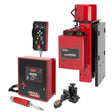 The Lincoln ST250 5 x 5 Seam Tracker System with APC One-Pak K52008-0505 includes a red and black control box, wire feeder, handheld pendant controller, welding torch, and clamp—ideal for automated seam tracking.
