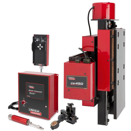 Five pieces of red and black welding equipment, labeled Lincoln Electric, including a vertical welding machine and sensor, are part of the Lincoln ST450 10 x 10 Seam Tracker Standard System One-Pak K52010-1010 shown against a white background.