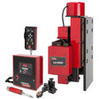 The Lincoln ST450 5 x 5 Seam Tracker System with APC One-Pak K52011-0505 features red and black equipment, including a vertical welding carriage and control panel, neatly arranged on a white background.