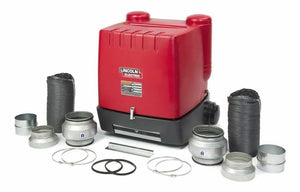 A Lincoln STATIFLEX 200-M Dual Arm K1654-2 welding fume extractor, red with a black base and Lincoln Electric label, is centered on a white background, surrounded by black flexible hoses, metal duct connectors, clamps, and gaskets.