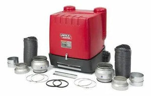 A red and black Lincoln STATIFLEX 200-M DUAL ARM K1654-2 fume extractor sits centered, surrounded by metal duct connectors, clamps, vent hoses, gaskets, and other ventilation accessories arranged symmetrically on a white background.