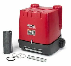 The Lincoln STATIFLEX 200-M SINGLE ARM K1654-1, a red welding wire feeder with a black base, is shown with accessories—perfect for use with welding fume extractors or filtration systems—all set on a white background.