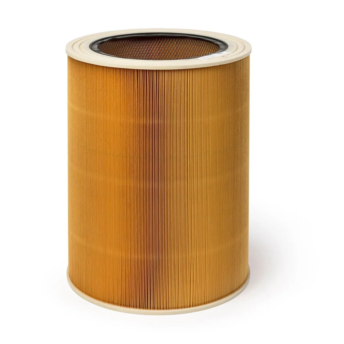 The Lincoln MERV 14 filter for Prism Mobile with Cleaning (KP1673-2) is cylindrical, featuring tightly pleated yellow-orange paper sides, white top and bottom rims, and a visible black mesh interior at the top opening.