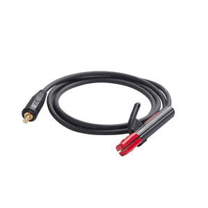 A black welding cable with a stick electrode holder in red and black on one end and a brass Twist Mate adapter on the other, coiled neatly on a white background.