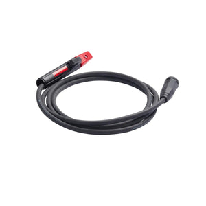 A black welding cable coiled in a circle, featuring a red and black Twist Mate adapter on one end and a black connector on the other end, placed on a white background.