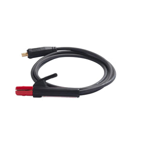 A black welding cable with a red and black stick electrode holder on one end and a brass Twist Mate adapter on the other, coiled neatly on a white background.