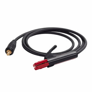 A black welding cable with a brass Twist Mate adapter on one end and a red and black stick electrode holder clamp on the other, typically used for arc welding.