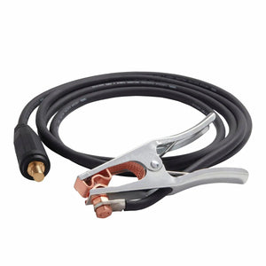 A coiled black welding cable with a large metal ground clamp on one end and a Twist Mate adapter brass connector on the other, used for attaching to welding machines.