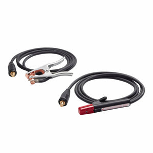Two coiled welding cables with attached clamps: one has a silver ground clamp, and the other features a black and red stick electrode holder, both with connectors and a Twist Mate adapter at the ends.