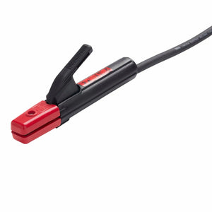 A close-up of a black and red stick electrode holder attached to a thick welding cable, isolated on a white background.