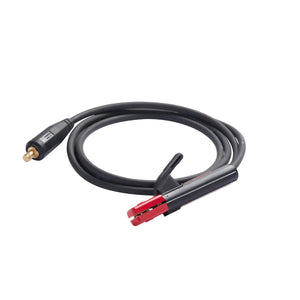 A coiled black welding cable with a red and black stick electrode holder clamp on one end and a round brass Twist Mate adapter plug on the other, isolated on a white background.