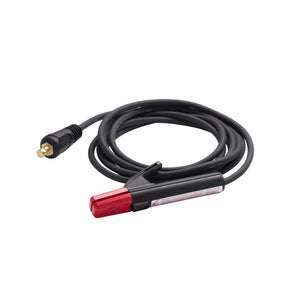 A coiled black 12.5 ft cable with a three-prong plug on one end and a red and black alligator-style clamp on the other, used for connecting electrical equipment such as a Lincoln Stick Electrode Holder.