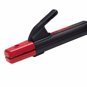 A close-up of a black and red Lincoln Stick Electrode Holder clamp with a textured handle, connected to a Twist Mate connector and 12.5 ft cable, isolated on a white background.