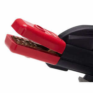 Close-up of a red and black jumper cable clamp with visible metal teeth inside the open jaws, attached to a 12.5 ft cable.