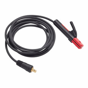 A 12.5 ft coiled black cable with a red-handled Lincoln Stick Electrode Holder on one end and a Twist Mate connector plug on the other, used for welding or electrical applications.