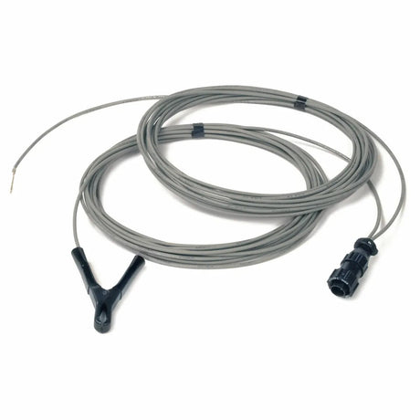 A 25 ft long gray cable coiled neatly, featuring a black alligator clip on one end and a black connector on the other, with an exposed wire tip beside the clip—ideal for use as a Lincoln STT Sense Lead Kit to monitor voltage.