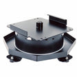 A black, metal rotating turntable platform with a flat top and hexagonal base, inspired by the Lincoln Swivel Platform, designed for displaying or rotating objects.