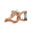 The Lincoln T-Series 200 Amp Brass Ground/Work Clamp K5150-1 features a flat, grooved jaw, silver screw adjustment on top, and coiled spring at the handle, ideal for electrical grounding or as a welding ground clamp.