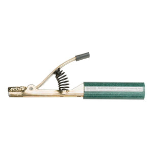 A metal spring-loaded 300A electrode holder with a green insulated handle and a warning label, shown in a side view on a white background, ideal for use with your DC welder.