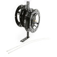 The Lincoln Tandem Arc Wire Reels and Mounting K390 features a black metal dual reel with circular flanges on a vertical bracket and base plate. Two white flexible tubes are positioned parallel on a plain white background.