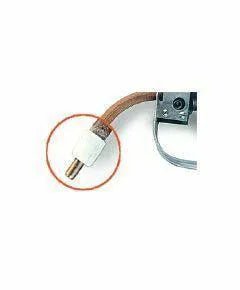 Close-up of the tip of a K126 Classic Innershield Gun, showing a white ceramic nozzle and copper tip, with part of the torch handle and cable visible. A red circle highlights the nozzle area.