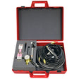 A red plastic carrying case with foam inserts, containing a Lincoln TIG-Mate welding kit, including hoses, a gauge, TIG torch handle, nozzles, and other accessories, all neatly organized in compartments.
