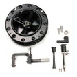 A set of mechanical components from the Tiny Twinarc Kit, including a large black metal wheel, various rods, brackets, bolts, and fittings—ideal for setting up electrodes to achieve precise submerged arc welds—arranged neatly on a white background.