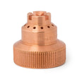 The Lincoln Tomahawk 1500 Drag Shield Cap-100A (LC105) KP4141-16 is a copper-colored nozzle with a ridged base, smooth cylindrical body, small holes near the top, and a star-shaped opening, shown on a white background.