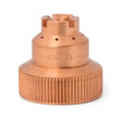 The Lincoln Tomahawk 1500 Drag Shield Cap-60-80A (LC105) KP4141-15 features a brass nozzle with a ridged edge for grip, midsection holes, and a grooved cross-shaped top. Faintly engraved numbers are visible on its matte finish; compatible with Tomahawk 1500.