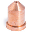 A close-up photo shows the Lincoln Tomahawk 1500 Nozzle 80A (LC105) KP4141-6, featuring a copper finish, conical top with a small center hole, cylindrical base, and fine machining marks. Faint numbers are engraved; background is plain white.